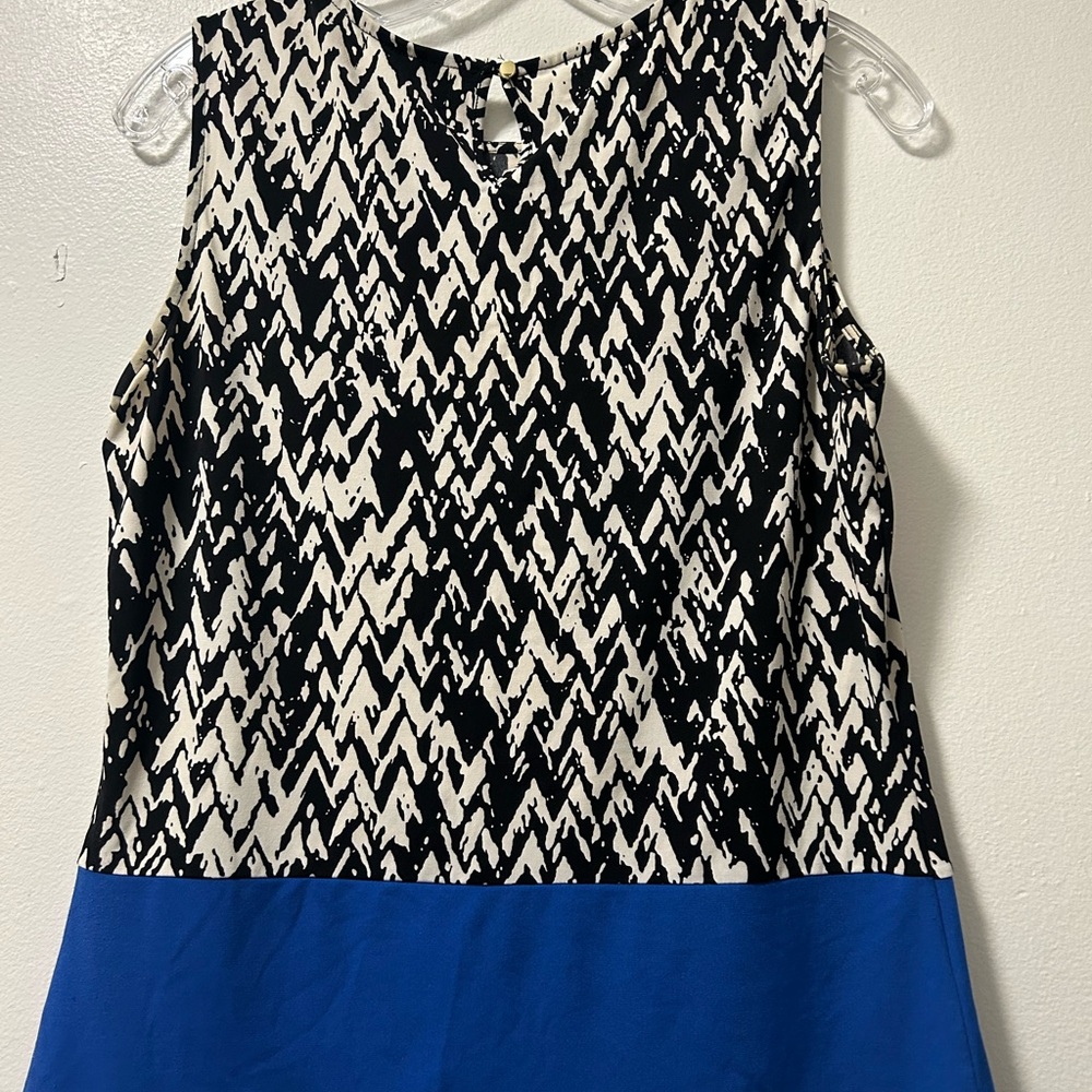 Calvin Klein Black & White Patterned Sleeveless Top with Blue Hem
